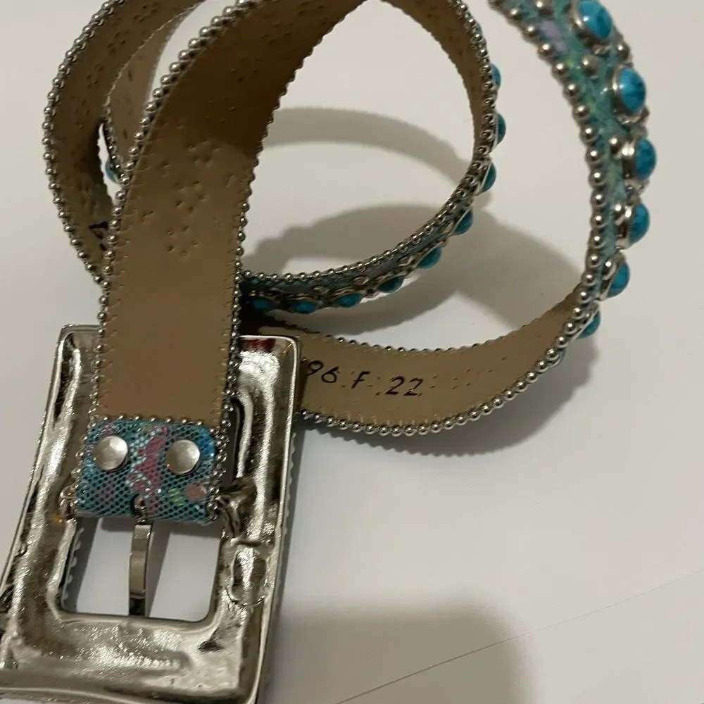 b.b. Simon Swarovski Rhinestone Embellished Blue Leather Belt With Studs L